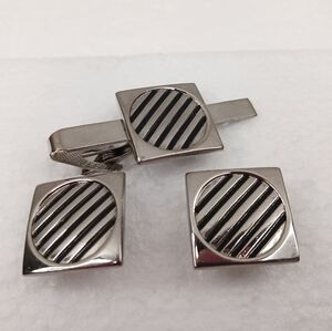 Tie Clip Bar, Cufflinks, Silver Black Vintage Space Age Graphics Classic Atomic
